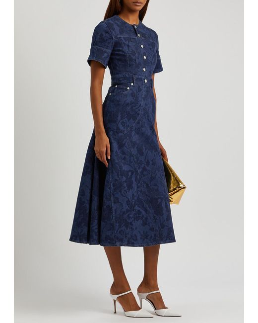 Erdem Blue Floral-print Stretch-denim Midi Dress
