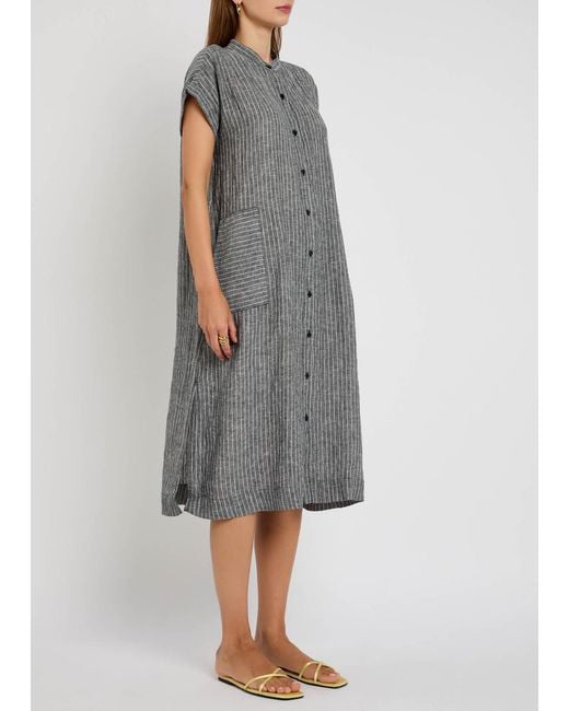 Eileen Fisher Striped Linen Midi Shirt Dress in Gray | Lyst