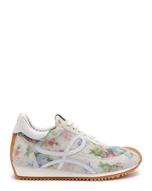 Loewe White Flow Runner Floral-Print Suede Sneakers