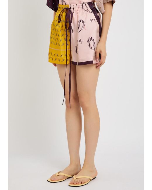 Otzio Yellow Printed Silk Shorts