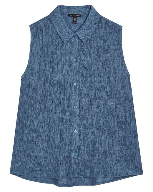 Eileen Fisher Blue Crinkled Sleeveless Woven Shirt