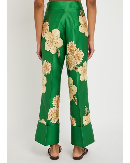 ALÉMAIS Green Sage Floral-Print Satin Trousers