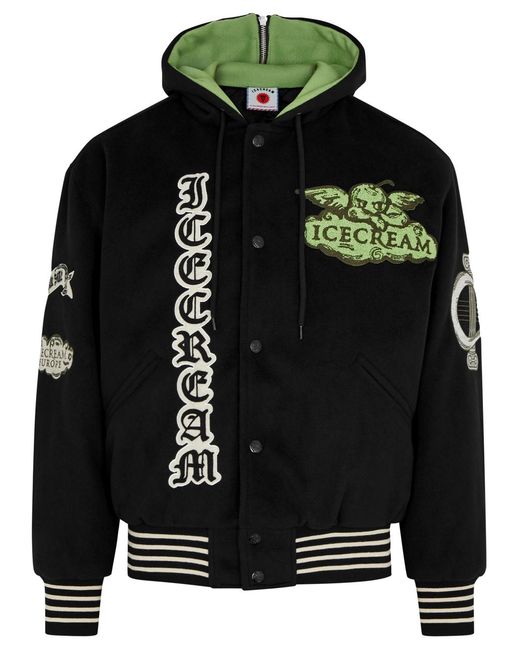 ICECREAM Black Cherub Logo Felt Varsity Jacket for men