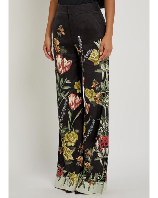 Alice + Olivia Black Dylan Floral-Print Wide-Leg Trousers