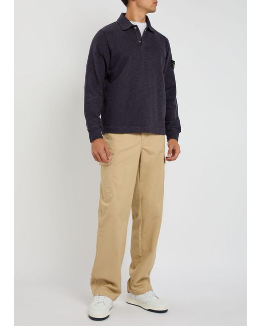 Stone Island Blue Logo Slubbed Cotton Polo Sweatshirt for men
