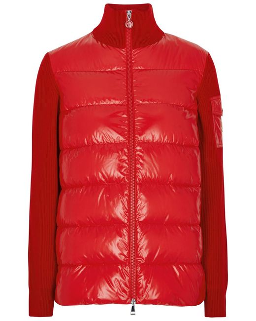 Moncler Red Quilted Shell And Wool Cardigan