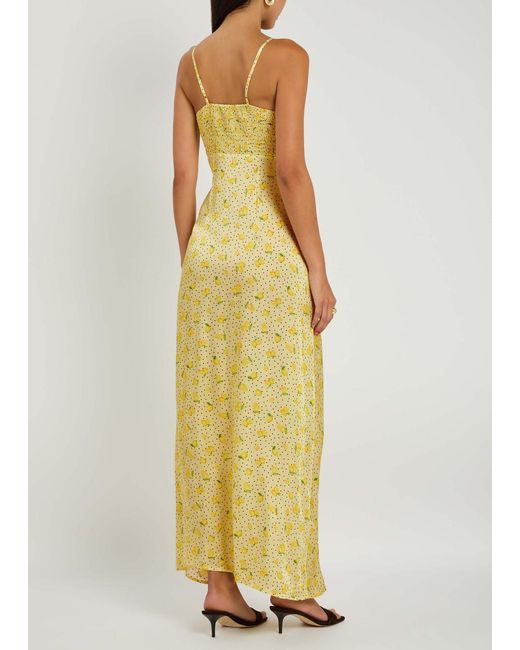 Leslie Amon Yellow Printed Satin Maxi Slip Dress