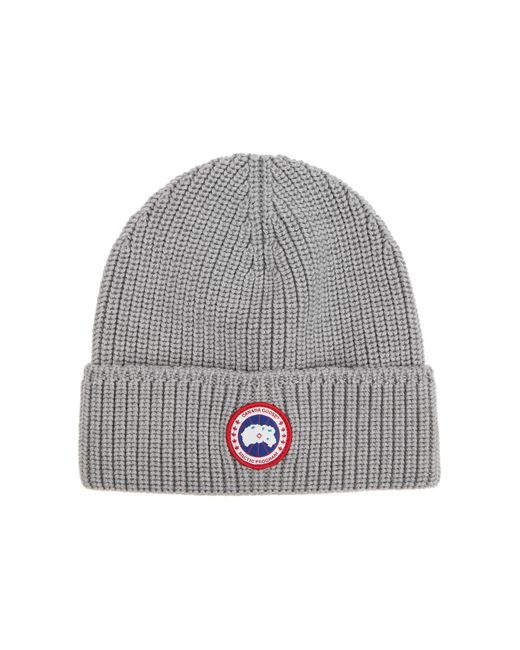 Canada Goose Gray Logo Ribbed Wool Beanie, Beanie, , Wool, Ribbed for men