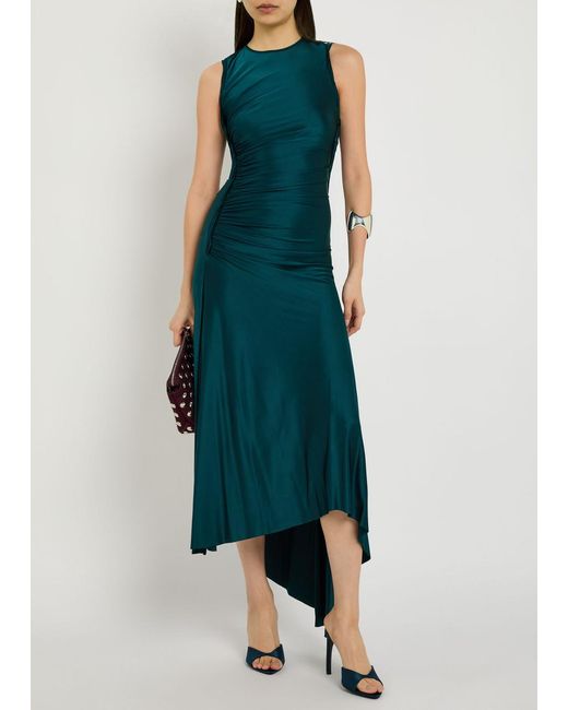 Victoria Beckham Green Ruched Asymmetric Stretch-Jersey Midi Dress