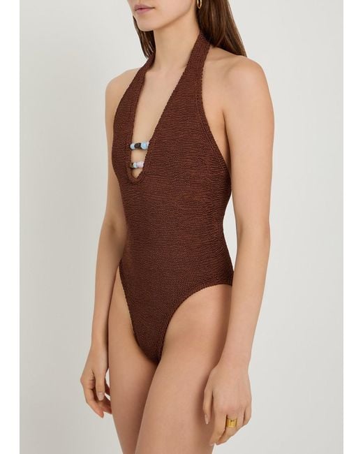 Hunza G Brown Adriana Beaded Crinkle Swimsuit
