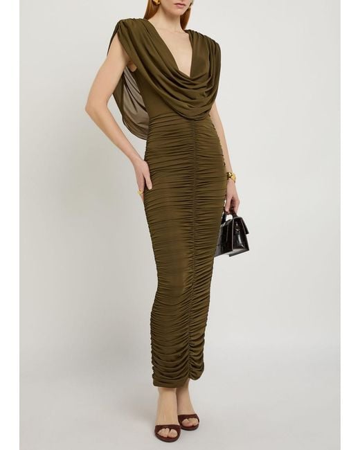 Ronny Kobo Green Parish Cowl-Neck Ruched Stretch-Mesh Midi Dress
