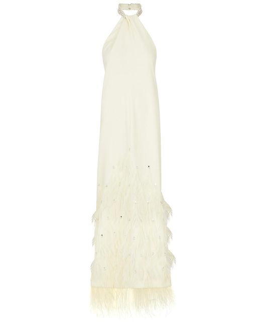 Huishan Zhang White Vic Feather-Trimmed Halterenck Maxi Dress