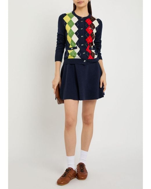 Ganni Blue Argyle Wool And Cashmere-Blend Cardigan