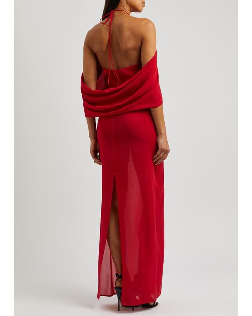 Magda Butrym Red Halterneck Cape-effect Stretch-silk Maxi Dress