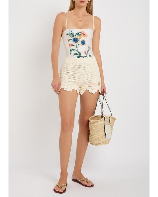Agua Bendita White Durazno Floral-Embroidered Swimsuit