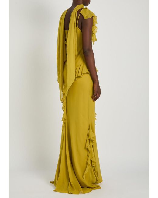 De La Vali Yellow Mayara Scar-Effect Ruffled Chiffon Gown