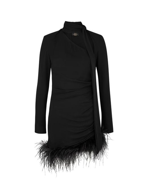 De La Vali Black Avenue Feather-trimmed Ruched Mini Dress
