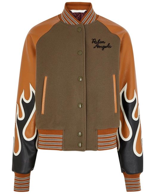 Palm Angels Green Burning Wool-Blend And Leather Varsity Jacket