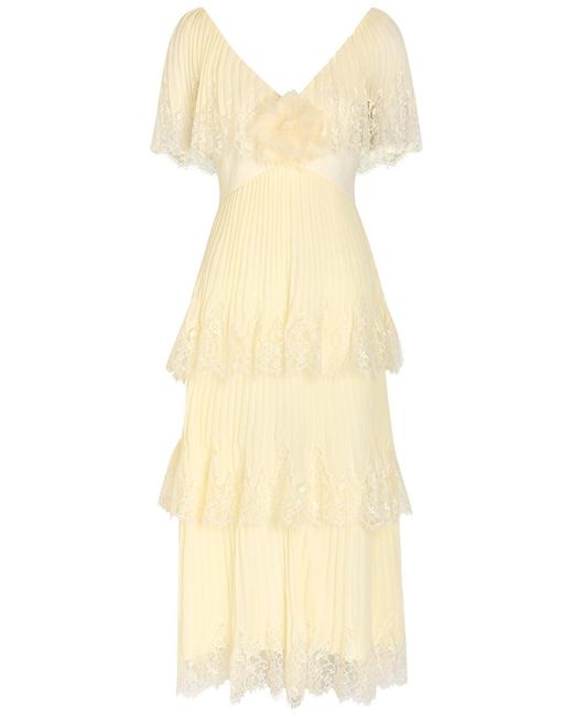 Self-Portrait Natural Tiered Lace-Trim Plissé Chiffon Midi Dress