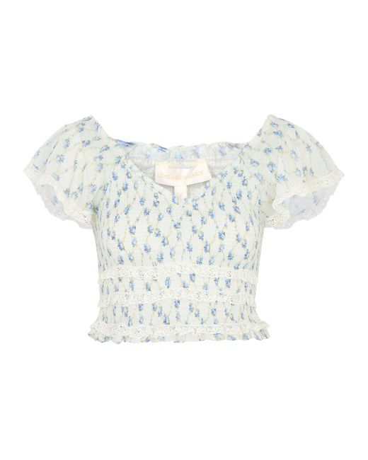 LoveShackFancy White Beaming Floral-Print Smocked Cotton Top