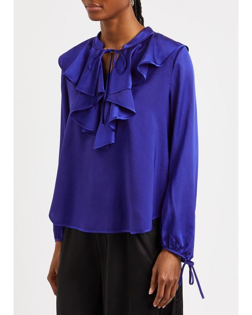 High Blue Triumphant Ruffled Satin Blouse