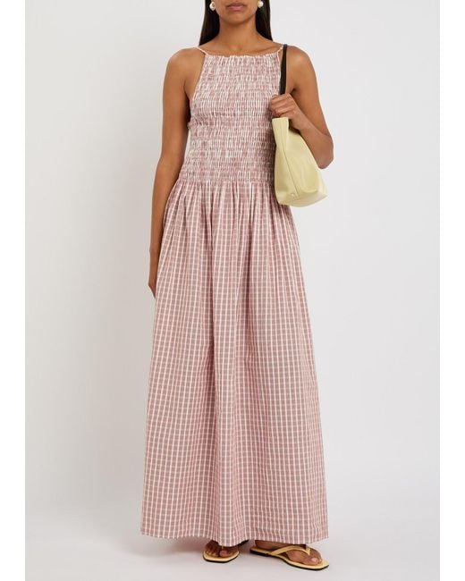 Faithfull The Brand Pink Laia Checked Shirred Cotton Maxi Dress