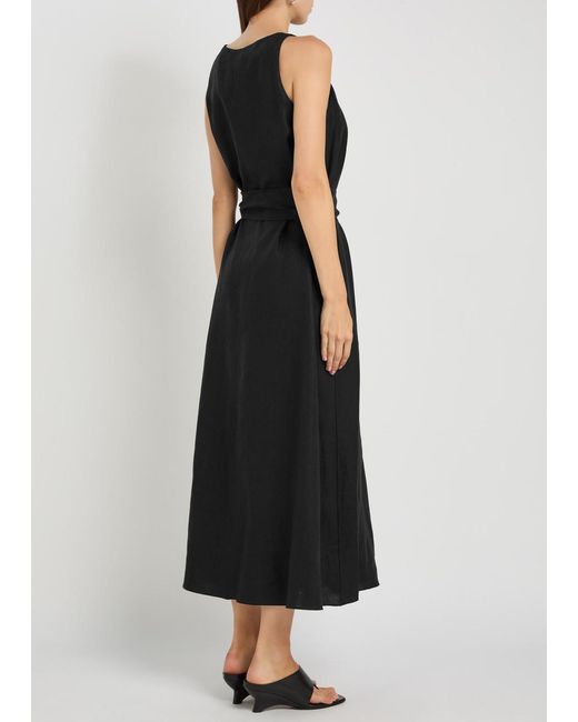 Another Tomorrow Black Belted Linen Midi Dress