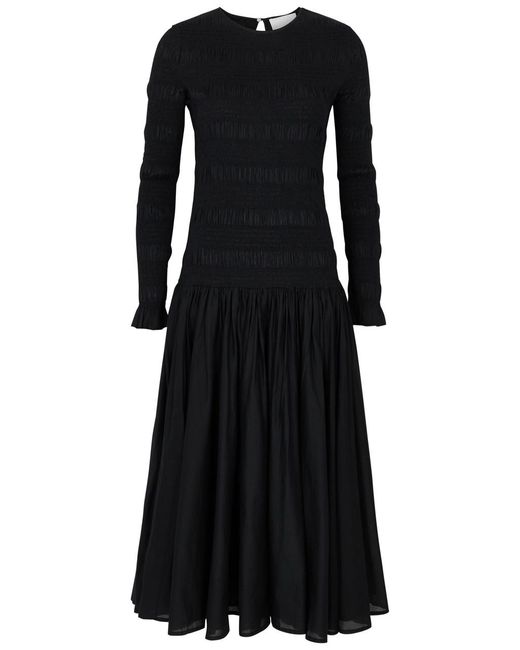 Merlette Black Syden Smocked Cotton Midi Dress