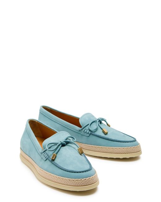Tod's Green Raffia-Trim Suede Loafers