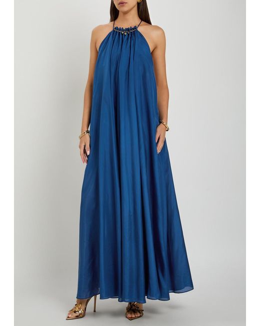 Zimmermann Blue Aster Gathered Silk Maxi Dress