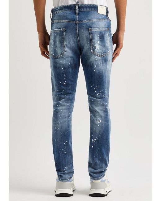 DSquared² Blue Skater Paint-splatter Skinny Jeans for men