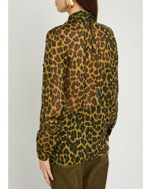 Saint Laurent Green Leopard Semi-Sheer Silk Blouse