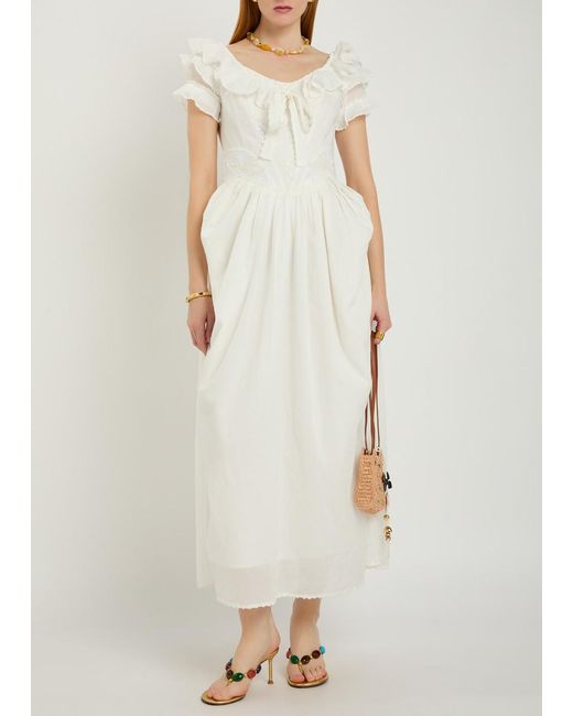 Thierry Colson White Falbala Embroidered Cotton Midi Dress