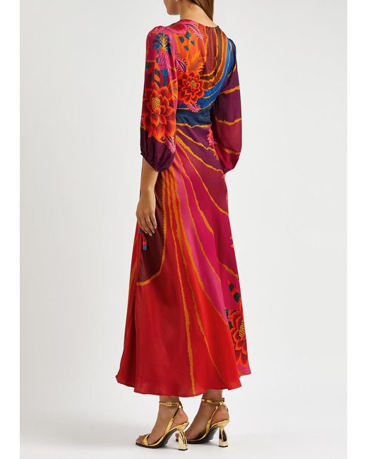 FARM Rio Vintage Wave Printed Satin Midi Dress in Red | Lyst