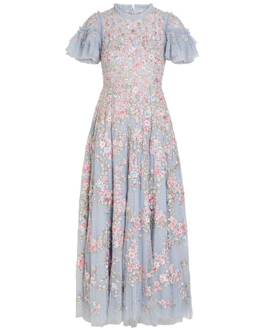 Needle & Thread White Lunaria Floral-Embroidered Ruffled Tulle Gown