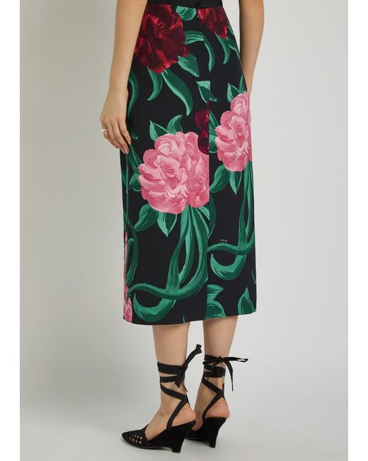 LaDoubleJ Black Floral-Print Crepe Midi Pencil Skirt
