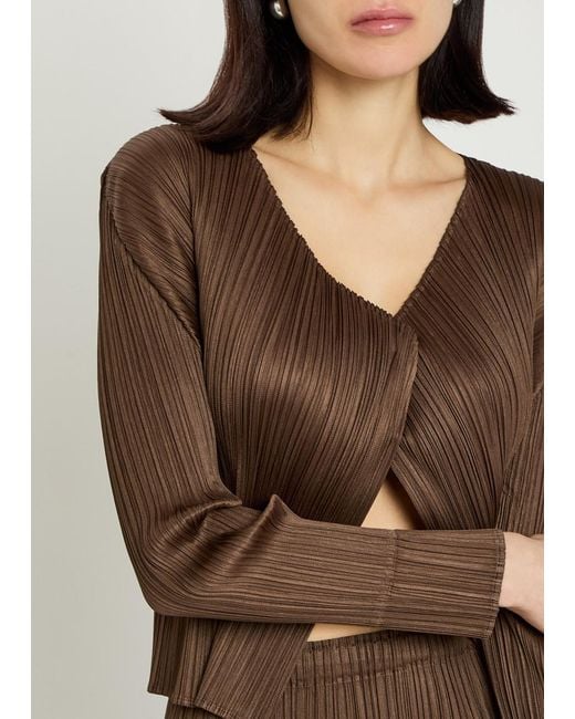Pleats Please Issey Miyake Brown Pleated Woven Cardigan