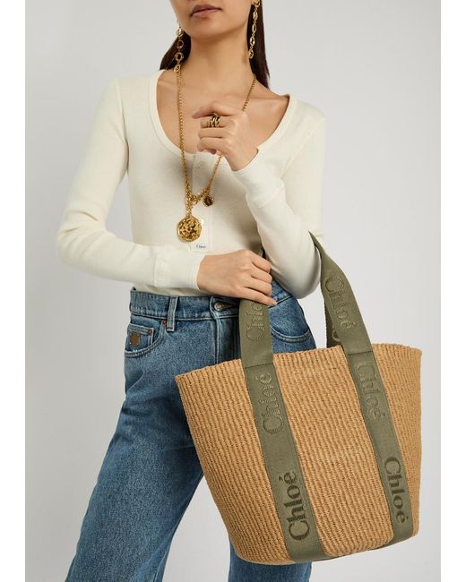 Chloé Green Woody Logo-Embroidered Raffia Basket Bag