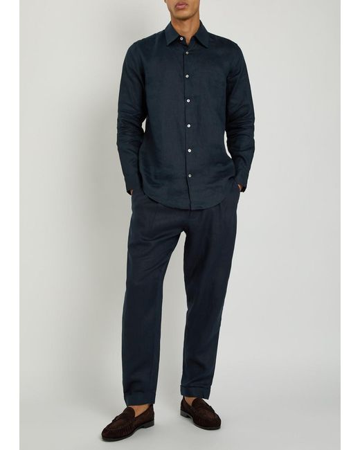 CHE Blue Tapered-Leg Cropped Linen Trousers for men