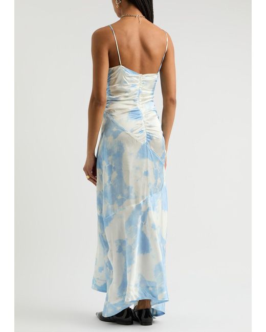 Ganni Blue Printed Satin Maxi Dress