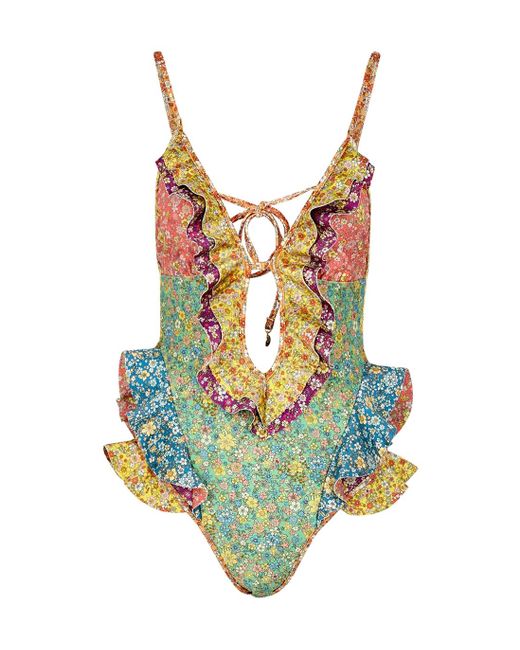 Zimmermann Multicolor Carnaby Ruffled Floral-print Swimsuit