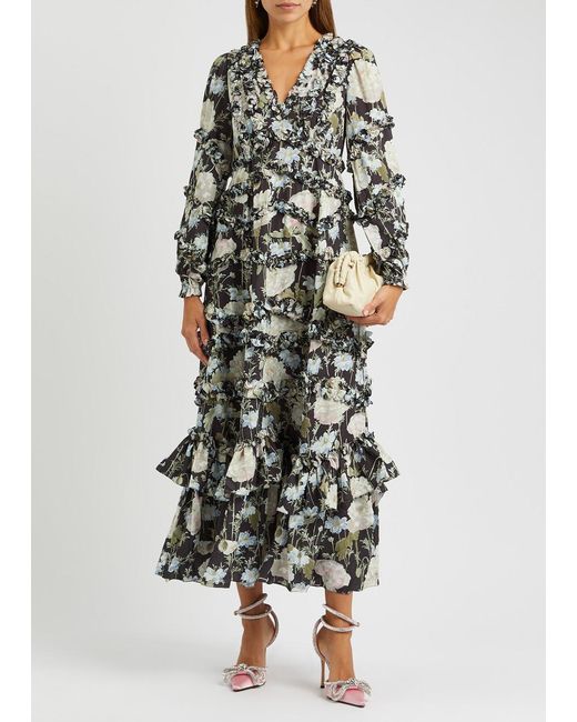 Needle & Thread Black Moonlight Petals Floral-print Matte Satin Midi Dress