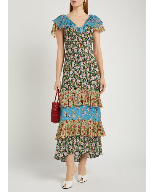 Rixo Blue Benoite Floral Ruffled Silk Midi Dress