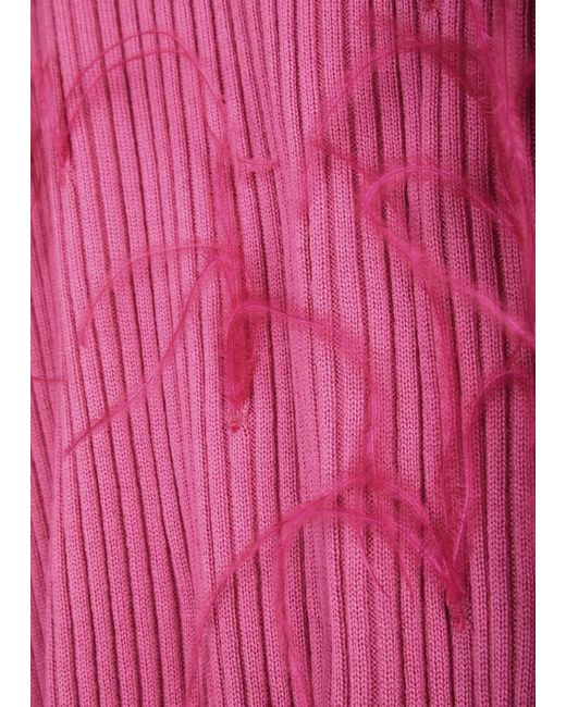 Marques'Almeida Pink Ribbed Feather-embellished Wool Top