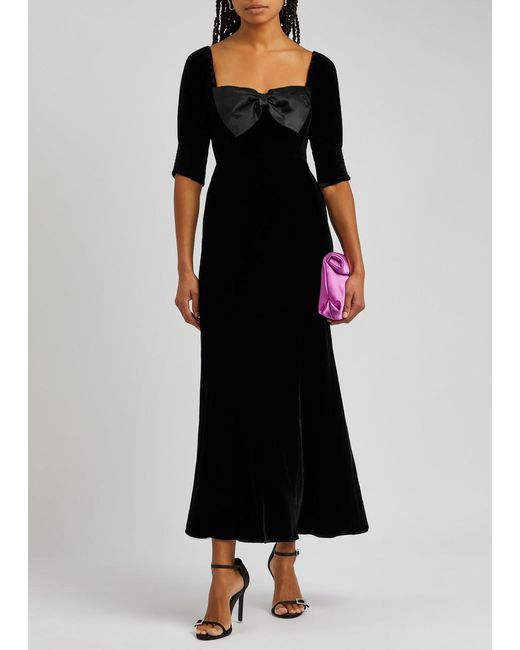 Rixo Black Celia Bow-embellished Velvet Midi Dress