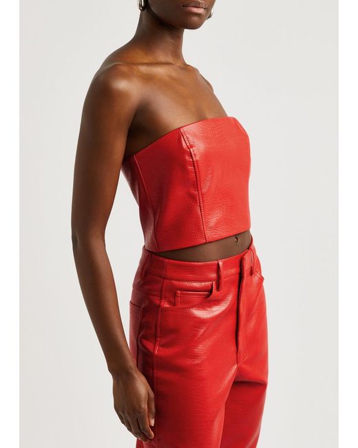 ROTATE SUNDAY Red Rotate Birger Christensen Crocodile-Effect Faux-Leather Strapless Crop Top