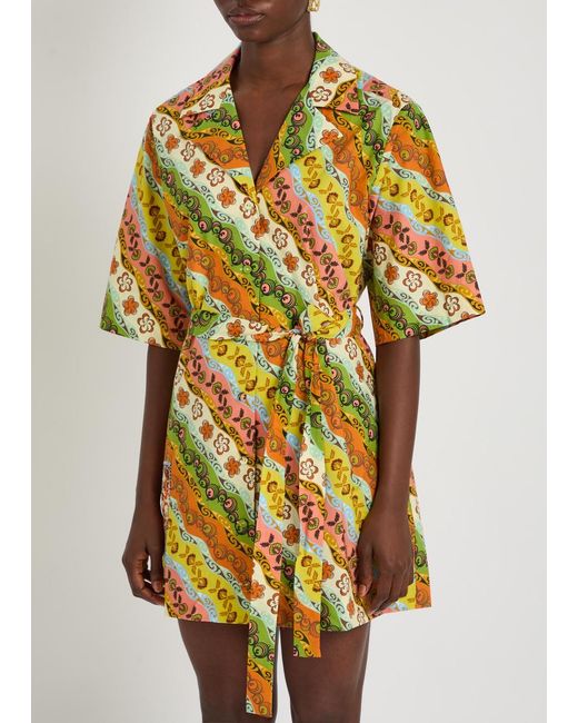 ALÉMAIS Yellow Janine Printed Belted Cotton Mini Shirt Dress