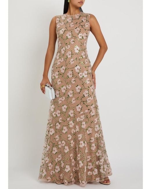 Self-Portrait Natural Floral Crystal-Embellished Tulle Maxi Dress