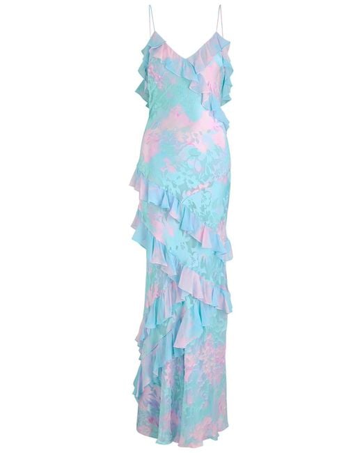 LoveShackFancy Blue Rialto Floral Satin-Devoré Maxi Dress