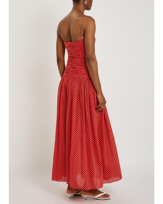 Matteau Polka Dot Gathered Cotton-Blend Midi Dress